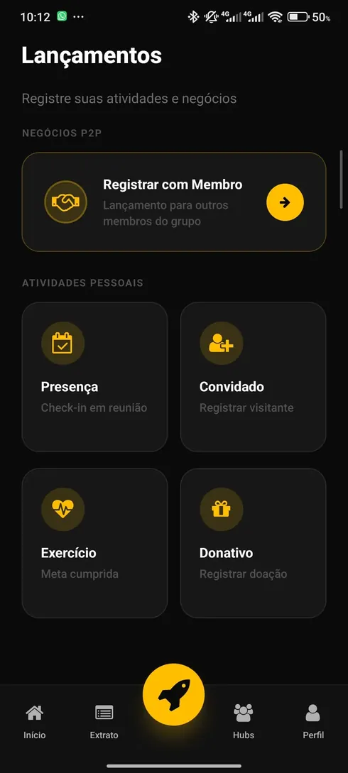 Tela de lançamentos do aplicativo GEB, com registro de negócios, presença, convidados e atividades.